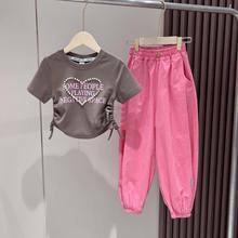 女童韩版套装2024夏季新款儿童字母收腰短袖女孩洋气束脚裤两件套