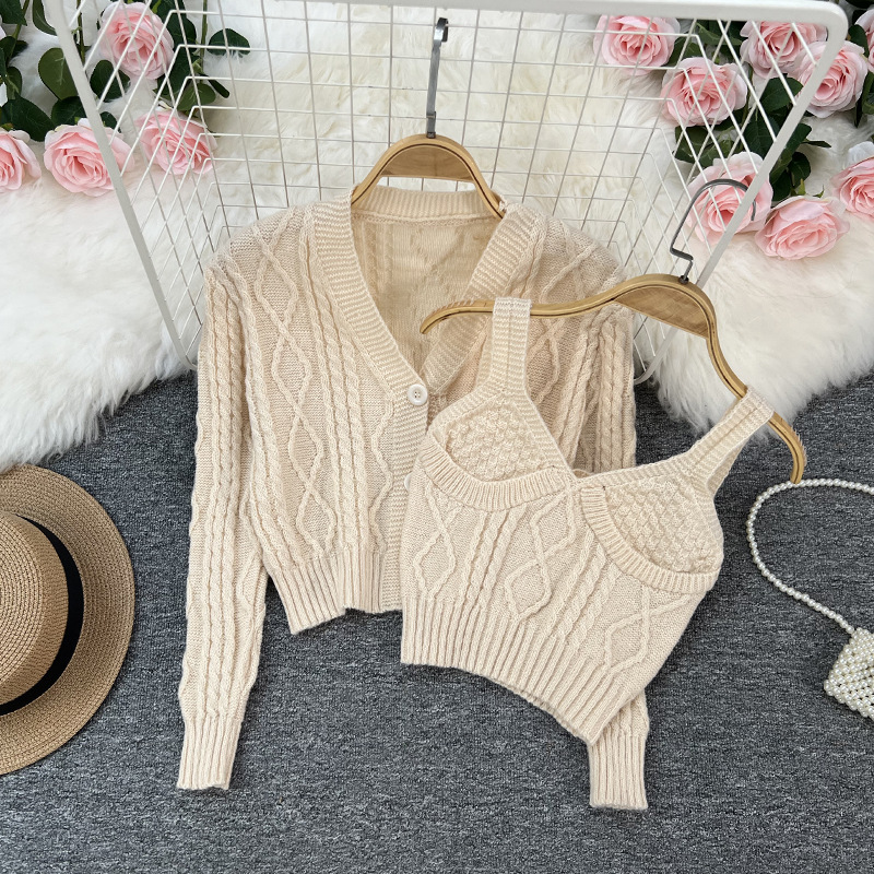 Damenbekleidung V-Ausschnitt verdrehte Strickjacke zweiteiliger Anzug für Damen im Frühjahr und Herbst neue Mode lässig einfarbiger Pullover Damenanzug_voghion.com