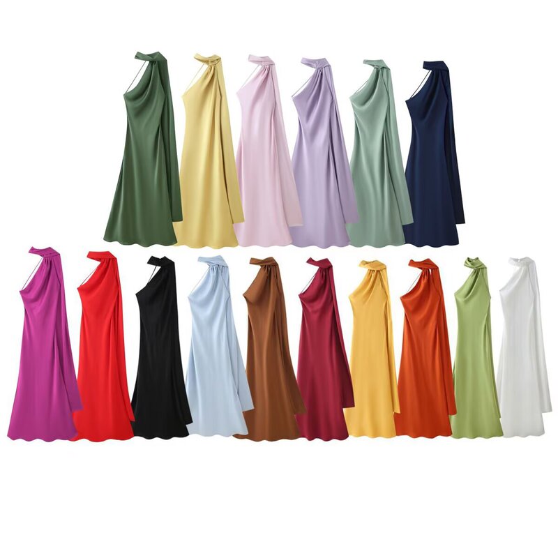Cross-border foreign trade hot-selling women's clothing wholesale: New summer silk satin texture halter neck long dress with ribbons Cross-border foreign trade hot-selling women's clothing wholesale: New summer silk satin texture halter neck long dress with ribbons