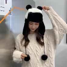 新款帽子谷爱凌同款冬季熊猫雷锋帽可爱毛绒加绒保暖护耳帽雪地帽