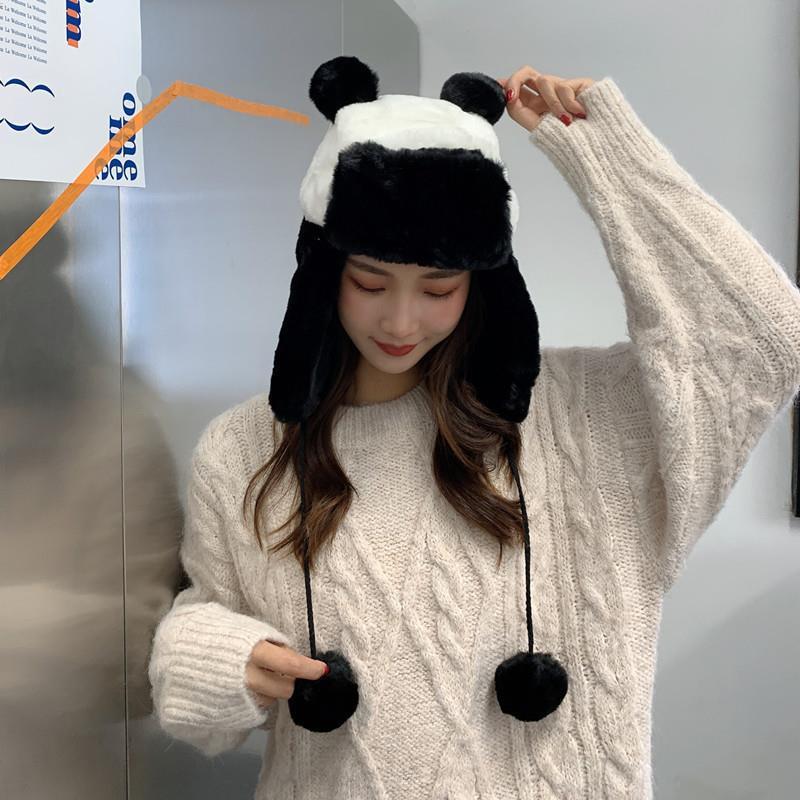 新款帽子谷爱凌同款冬季熊猫雷锋帽可爱毛绒加绒保暖护耳帽雪地帽