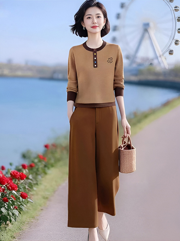 2025春秋新款中老年妈妈洋气针织衫上衣显瘦洋气休闲直筒裤两件套|undefined