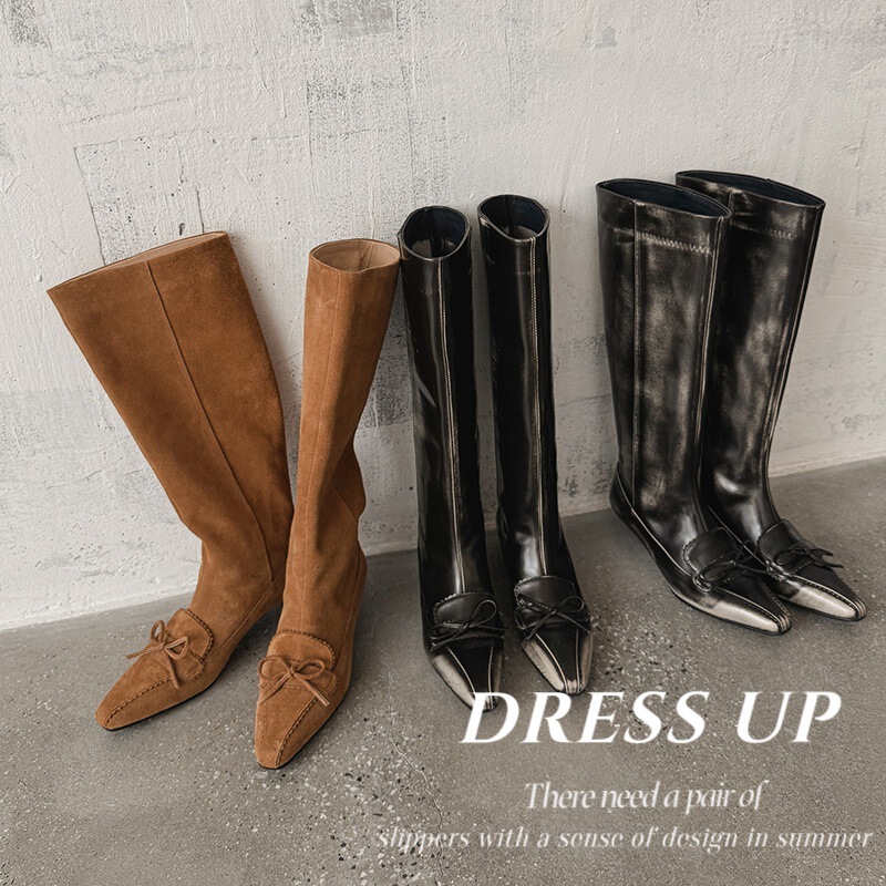 2025 Women's Shoes Sexy Small Pointed Toe Low Heel Knee-High Boots Fashionable Bow Showing Legs Long High Straight Boots
