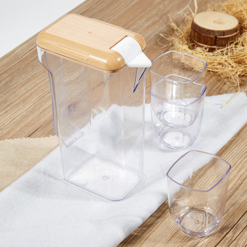 Una olla cuatro tazas botella de agua fría de plástico traje de moda grano de madera hogar botella de agua fría imprimible LOGO regalo