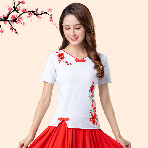 9206 Plum Blossom Embroidered Top Modal Square Dance Costume Short Sleeve Middle-Aged Dance Wear Dancing Clothes