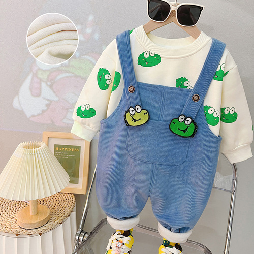 Boys' and Girls' Autumn and Winter Set  New Arrival Cute Baby Fleece Overalls Two-Piece Set for Toddlers 2457