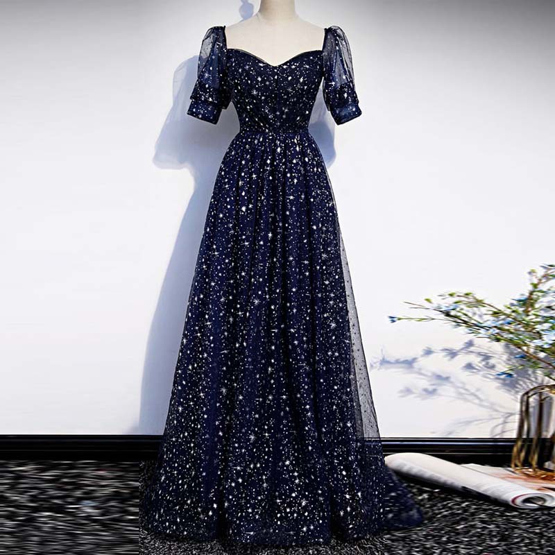 Off-Shoulder Evening Dress for Women, French-Style Starlight Sequin Host Performance Dress, Vocal Art Exam Choir Dress