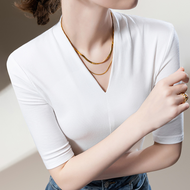 Medium-sleeved T-shirt Women's New Women's Clothing Solid Color Threaded Half-sleeved T-shirt Temperament Deep V-neck Waist Top Short Sleeve_ecoleips.com