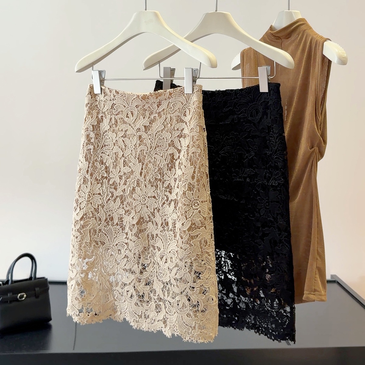 Women's French Lace Midi Skirt, High Waisted A-Line Bodycon Skirt With Elegant Hollow-out Design, Classy Office & Date Skirt_ecoleips.com