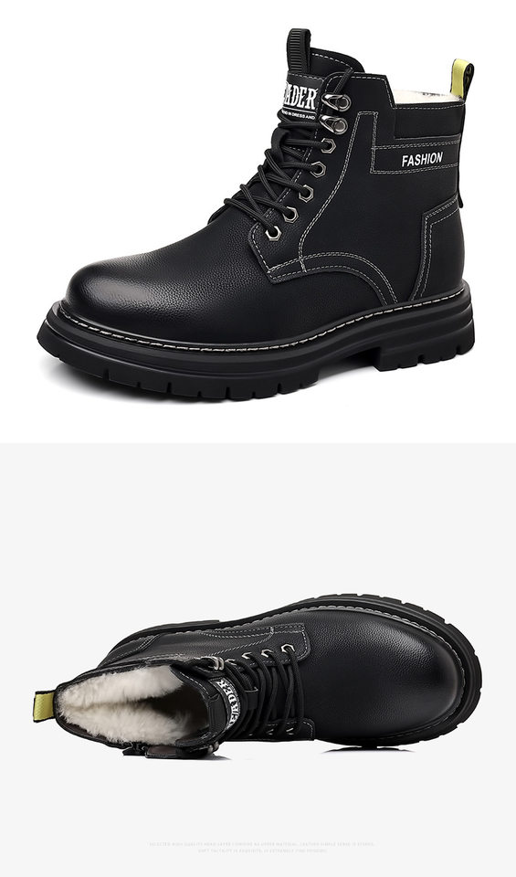 Giày bốt nam cổ cao lót lông giữ ấm kiểu Martin, gót 3-5 cm — QS666 cộng với nhung đen chi tiết 21