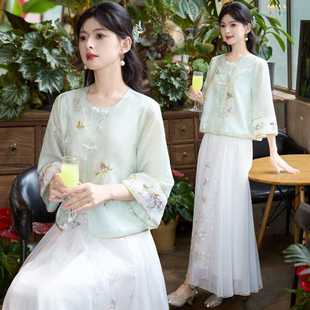 Actual Shot of New Chinese Style Round Neck Retro Improved Buttoned Three-Quarter Sleeve Embroidered Top Paired with Ethnic Style Skirt Suit