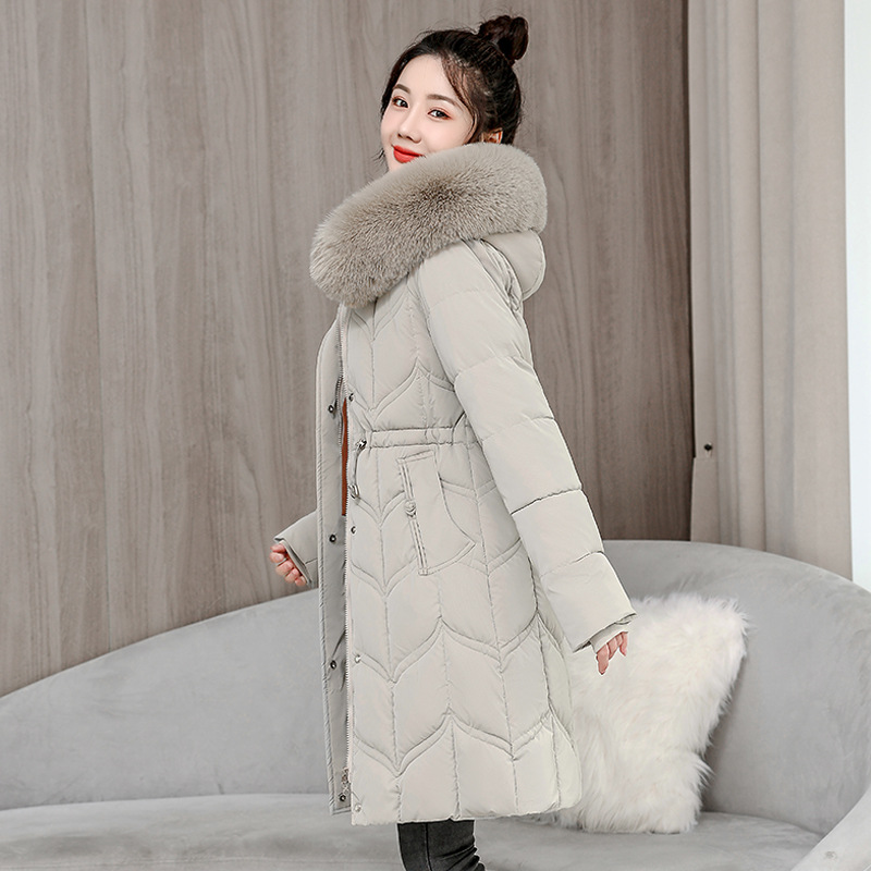 2025 nueva moda de invierno de mujer cintura retraída cuello de cabello espeso exterior abrigo de algodón caliente