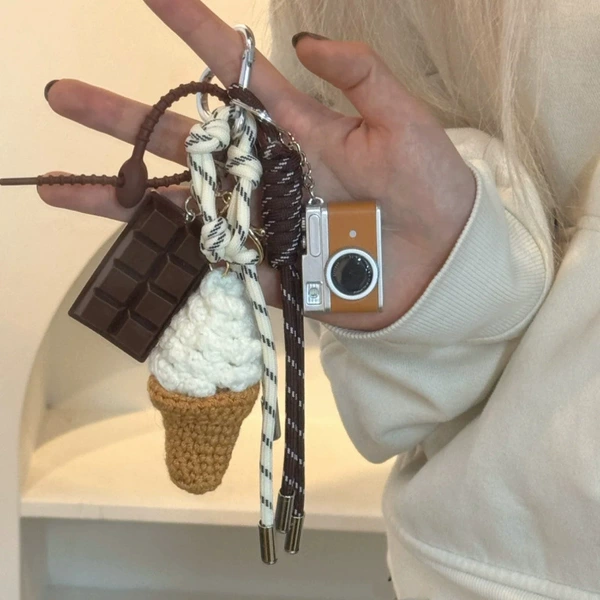 Crocheted ice cream brown camera m-wind pendant