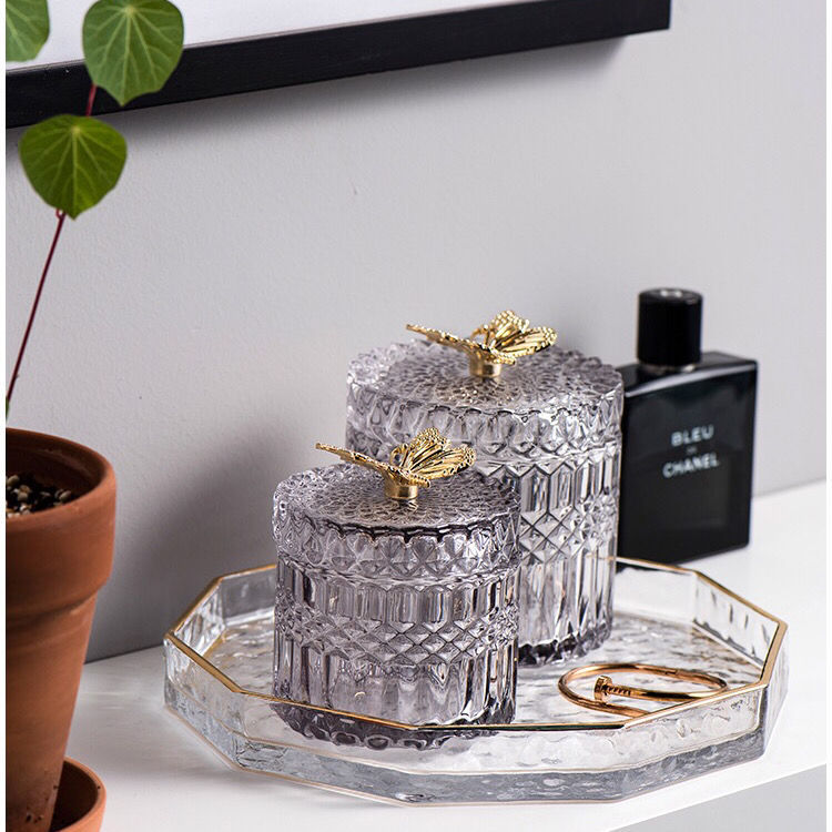 北欧ins蝴蝶透明玻璃罐首饰盒家用棉签盒饰品收纳罐桌面装饰摆件