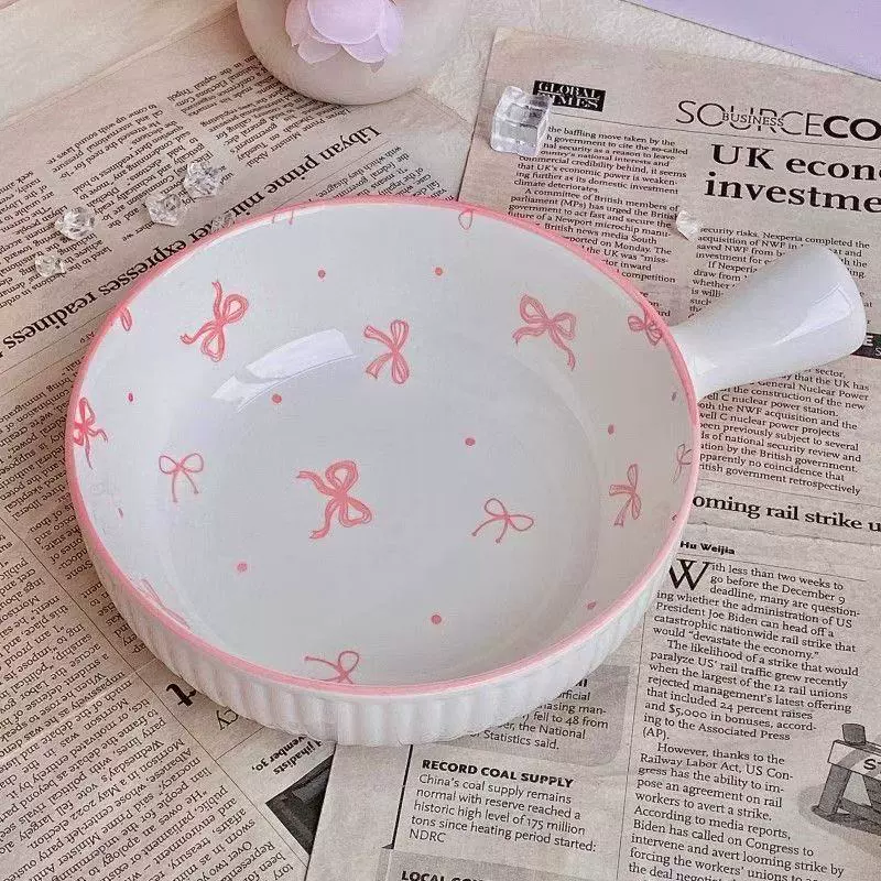 Ceramic Tableware Set, Butterfly-Handle Design, Home Dining Bowls & Plate (Pink/White)