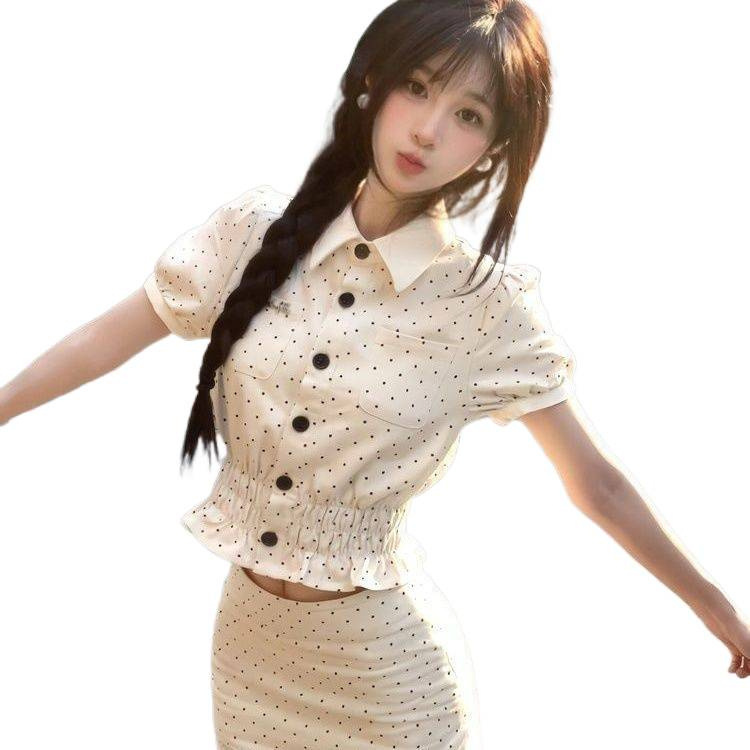 富家千金感波点套装裙女夏季甜美翻领短袖衬衫蕾丝边半身裙两件套|undefined