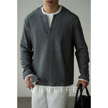 老钱风撞色V领手缝扣假两件针织衫男2025年秋亲肤休闲新款长袖T恤