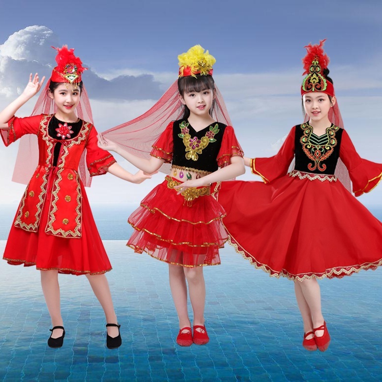 Chinese folk dance dress xinjiang dance dresses for children girls boys
