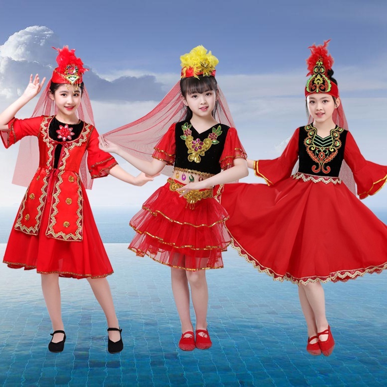 Chinese folk dance dress xinjiang dance dresses for children girls boys uygur festival dance costumes dance xinjiang performance skirts