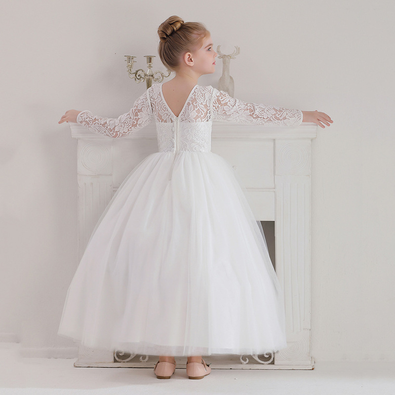 European and American Girls and Teenagers Long-Sleeved Lace Dress Wedding White Long Dress Bridesmaid Evening Dress Princess Dress