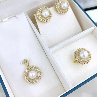 Vintage Pearl Three-Piece Set 925 Silver Set Ring Pendant Earrings