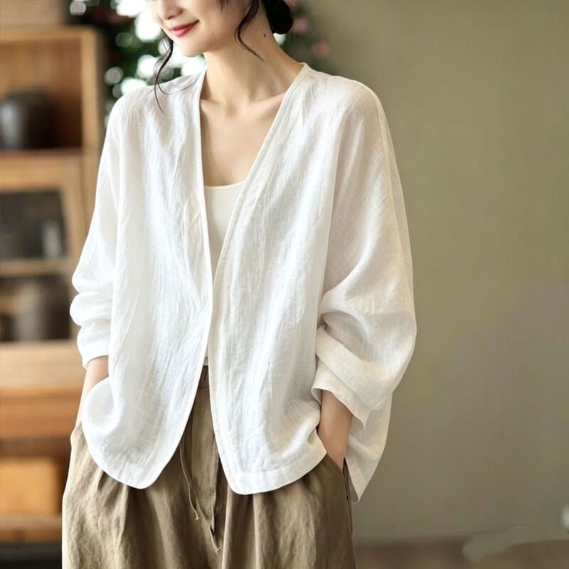 Vintage Pure Cotton and Linen Sun-Protective Shirt, Summer New Artistic Style Long-Sleeve Design Cardigan, Thin Loose-Fitting Jacket Vintage Pure Cotton and Linen Sun-Protective Shirt, Summer New Artistic Style Long-Sleeve Design Cardigan, Thin Loose-Fitting Jacket