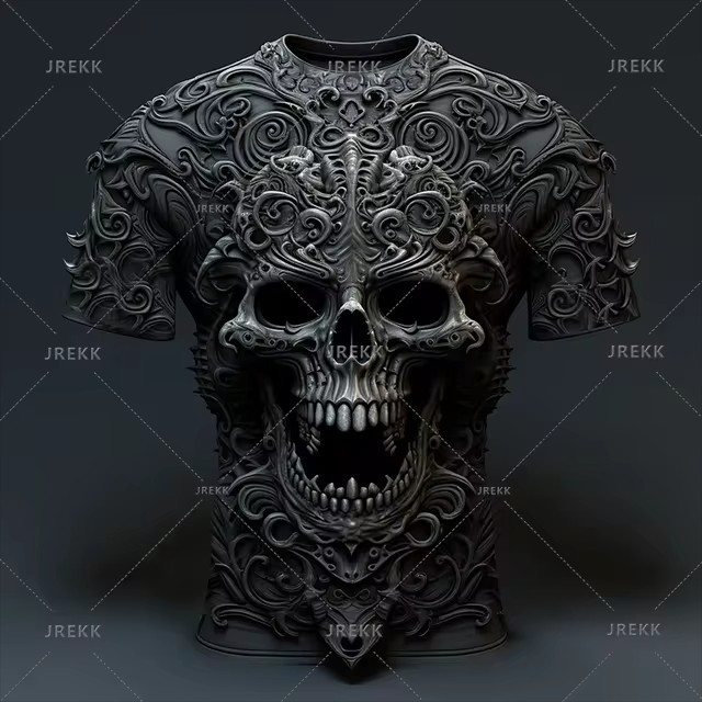 Verano calle todo-fósforo suelto cuello redondo manga corta transpirable camiseta de hombre thriller esqueleto relieve impresión digital 3D