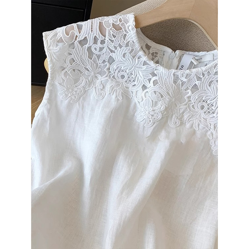 フレンチレトロリネンベスト Tシャツ女性のための 2025 夏ルーズヘビー刺繍中空レースコットンとリネンノースリーブトップ|undefined