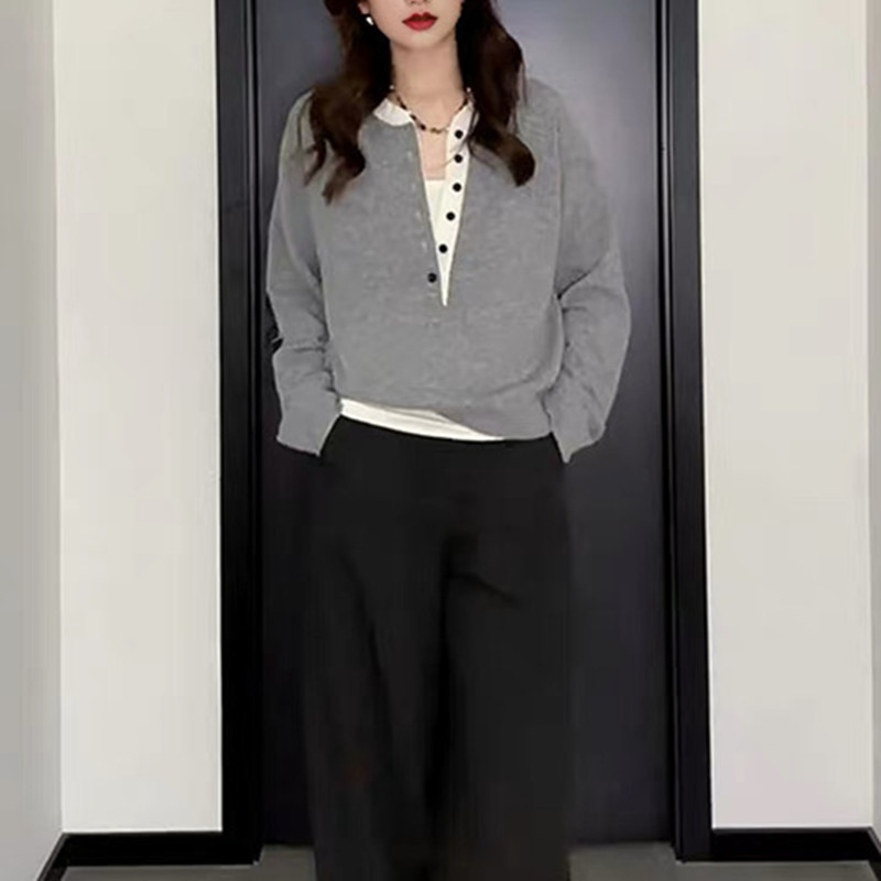 v领灰色长袖针织打底衫女2025新款秋冬宽松内搭外搭chic韩系上衣|undefined