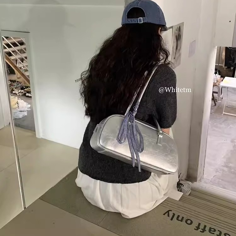 Le nuove mani in stile balletto della primavera coreana migliorano la consistenza Borsa a tracolla argento versatile e alla moda da donna_voghion.com