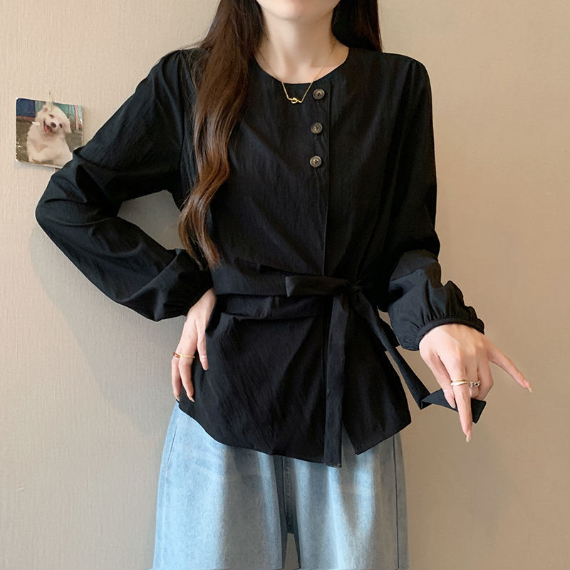 女装秋装新款2025法式新品感不规则衬衫褶皱绑带休闲上衣黑色白色|undefined