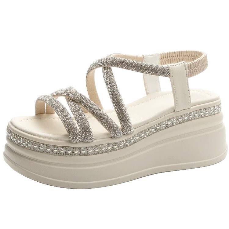 Sandalias de diamante de moda para mujeres 2026 verano nuevo elástico de fondo grueso aumento de altura versátil sandalias de muffin romana