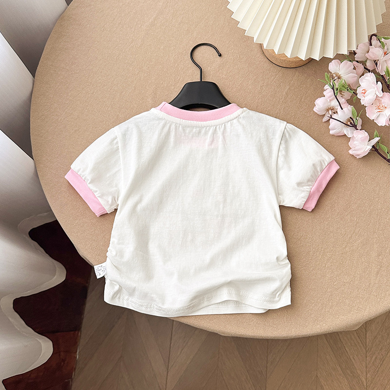 Niña verano cuello redondo manga corta versión coreana nueva camiseta de dibujos animados niña bebé cordón chaqueta de media manga marea linda