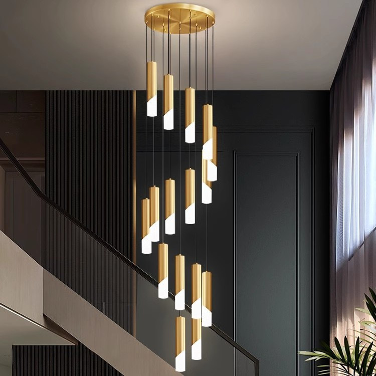 Candelabro de escalera, moderno, ligero, lujoso, simple y exquisito, edificio dúplex, villa, escalera vacía, lámpara de grúa larga giratoria