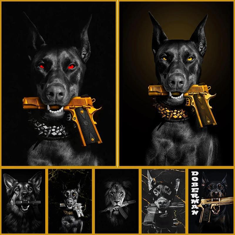 Fashionable and Luxurious Doberman Golden Gun Poster Jit Dropshipping Image Printing Poster Cross-Border E-Commerce Aliexpress