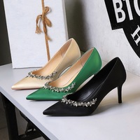 1926-A2 Fashion Banquet High Heels with Thin Heels, Shallow Mouth, Sharp Point, Silk, Water Diamond, Slimming High Heels, Single Shoes for Women