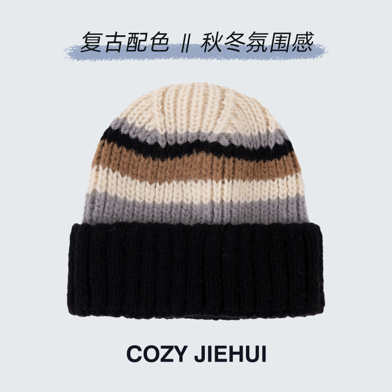 冬季女帽子高级感条纹针织帽百搭韩版显脸小秋冬复古毛线帽冷帽男|undefined