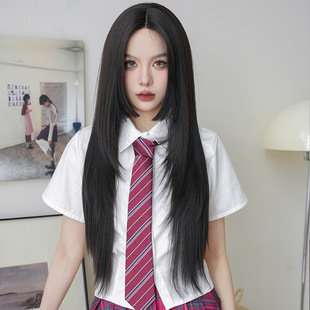 Wig Women's Long Straight Hair Ji-style Full Top Full Head Cover One-word Small Lace Emulation Chemical Fiber Hair Head Long Hair