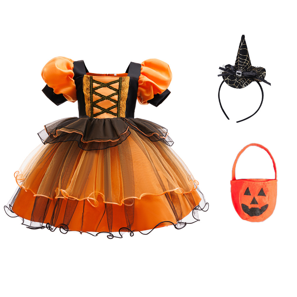 Nuevas vestidas de princesa de niñas transfronterizas vestidas de Halloween vestidas de brujas cosplay manga burbuja calabaza malla de tela