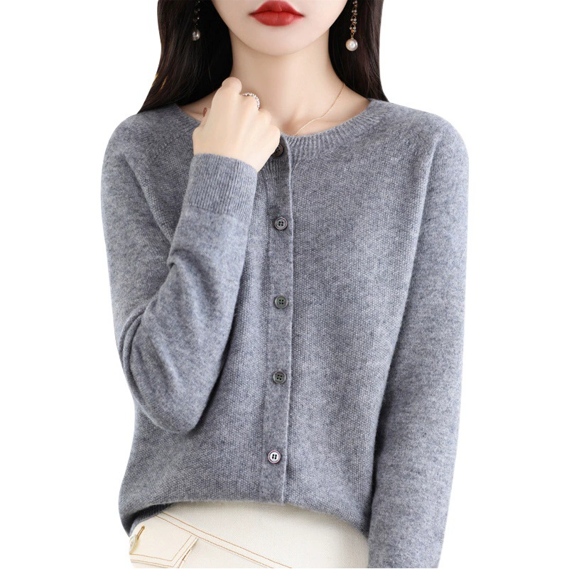 Готовый к ношению свитер из 100% шерсти первого линии, женский вязаный кардиган, тонкий свитер, верхняя одежда, осенне-зимний бесшовный топ с круглым вырезом