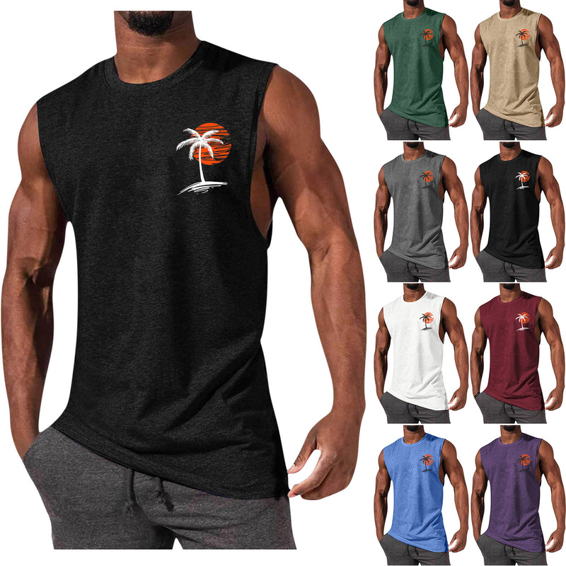 2025 Amazon New Men's Vest Muscular Men's Sports Casual Vest Coconut Tree Print Men's Top T-Shirt