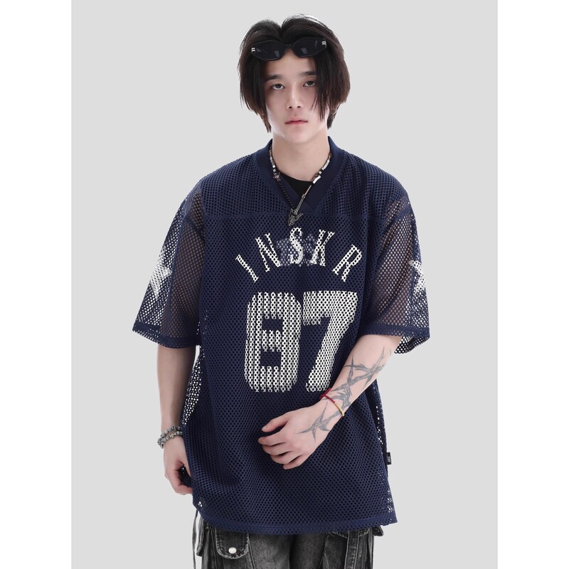 2025 New Navy Blue Digital Mesh Jersey American Street Retro Printed Jersey Short-Sleeved T-Shirt for Men and Women Summer 2025 New Navy Blue Digital Mesh Jersey American Street Retro Printed Jersey Short-Sleeved T-Shirt for Men and Women Summer
