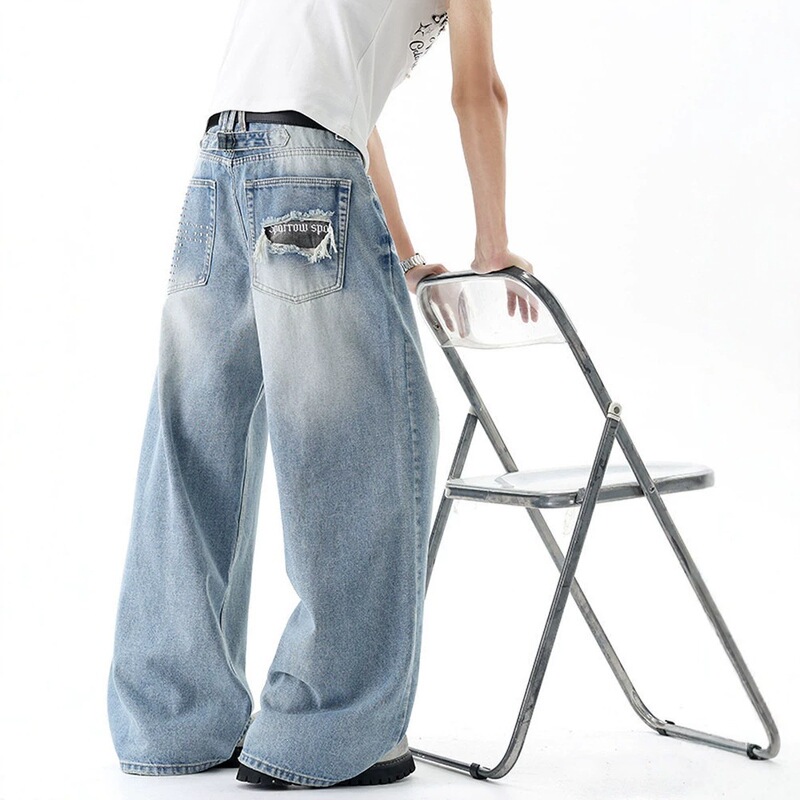 American-Style Washed Loose-Fitting Boyfriend-Style Lazy Denim Jeans for Men and Women, Vintage Cross-Stitched Rivet Ripped Floor-Length Pants