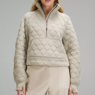 Lulu Cotton Coat Rhombus Check Women's Jacket Sports Casual Jacket Half Zipper Loose Chimney Collar Quilted Short Cotton