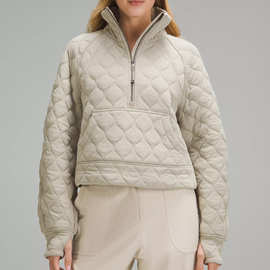 lulu棉衣菱形格女士外套运动休闲外套半拉链宽松烟囱领绗缝短款棉