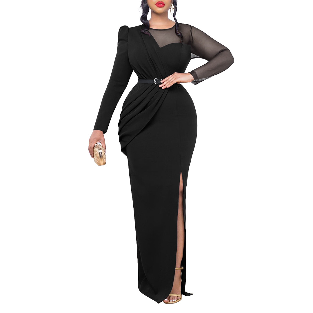 Damen Abendkleid Mit Langarm Und Mesh-einsatz Elegantes Festkleid_voghion.com