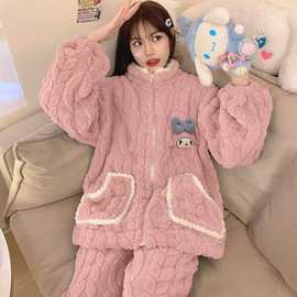 新品时尚珊瑚绒提花睡衣秋冬季加绒加厚网红女士情侣家居服套装