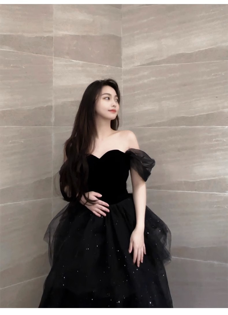 Váy dạ hội tutu kiểu Pháp màu đen sang trọng, dáng maxi thắt eo, phù hợp lễ tốt nghiệp, lễ trưởng thành — Màu đen chi tiết 2