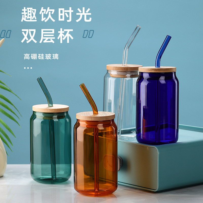 批發跨境可樂玻璃杯帶竹蓋網紅玻璃可樂罐創意果汁飲料水杯高顏值