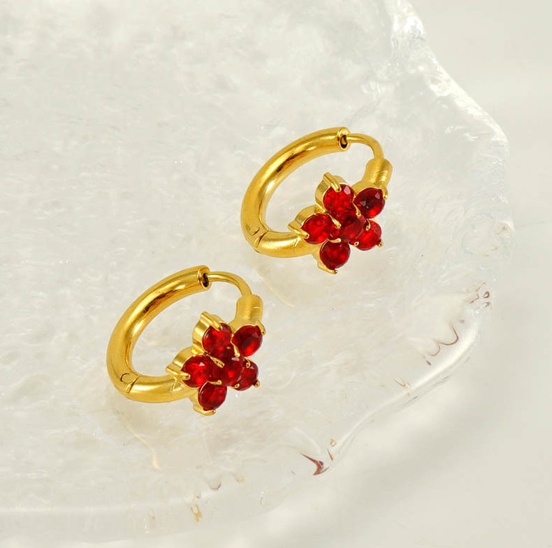 1 Pair Simple Style Flower 304 Stainless Steel Zircon 18K Gold Plated Hoop Earrings display picture 3